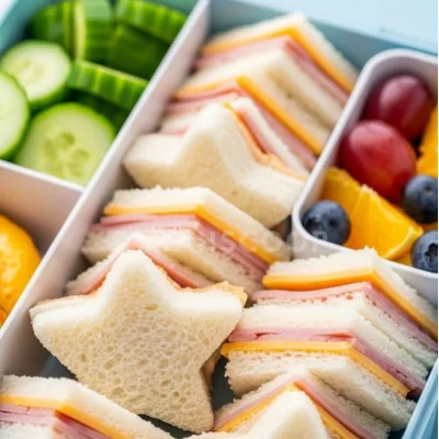 Lonchera con sándwiches en forma de estrella, verduras y fruta