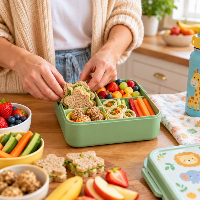 Mamá preparando una lonchera saludable con fruta, sándwich y verduras