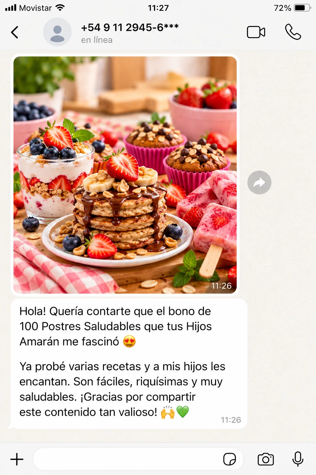 Mensaje de una mamá: el bono de 100 Postres Saludables le fascinó y a sus hijos les encantan las recetas