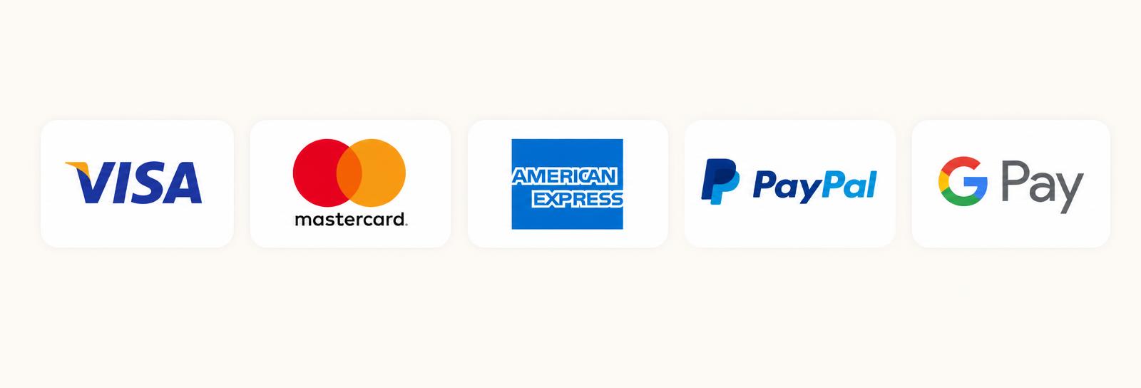 Métodos de pago: Visa, Mastercard, American Express, PayPal y Google Pay